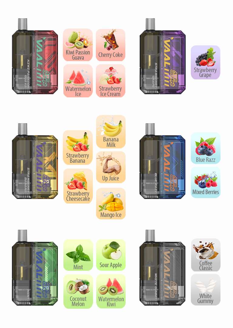 The Vaal AOP Gemini vape kit comes in a variety of flavors, including: Blue Razz, Mixed Berries, Kiwi Passion Guava, Watermelon Ice, Cherry Coke, Strawberry Ice Cream, Strawberry Grape, Mint, Coconut Melon, Sour Apple, Watermelon Kiwi, Strawberry Banana, Banana Milk, Strawberry Cheesecake, Mango Ice, Up Juice, Coffee Classic, White Gummy.